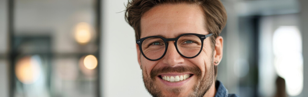 Ein lchelnder Mann mit Brille und Bart in einem Bro.