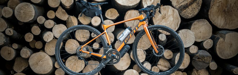 Ein orangefarbenes Fahrrad lehnt an einem Stapel Holzstmme.